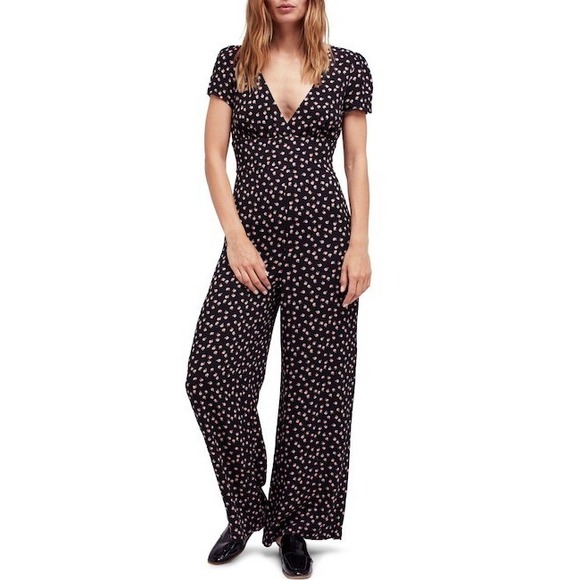 Free People Pants - Free People Black Pink Floral‎ Wide Leg Short Sleeve V Neck Jumpsuit Romper 12